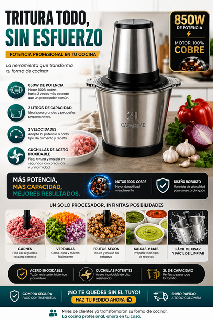 Multiprocesador 850W 2L | Pica Carne, Verduras y Más