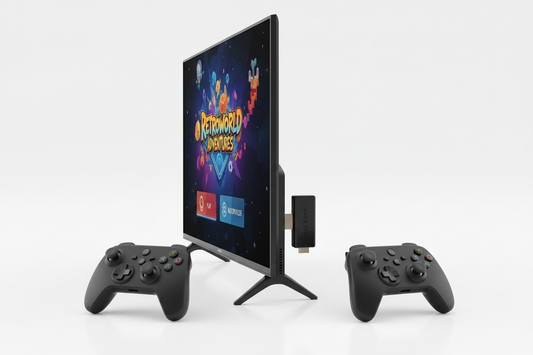 Consola Game Box 8k conectada a TV con dos controles inalámbricos