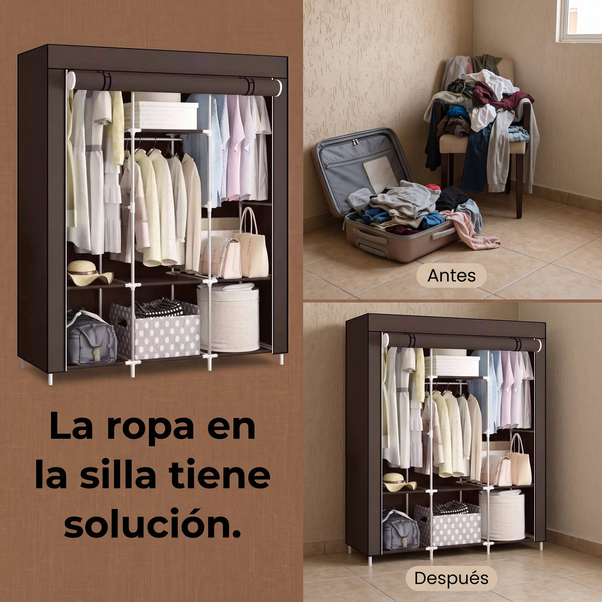 Antes y después: ropa en la silla y la maleta vs ropa ordenada en el armario de tela 3 puestos