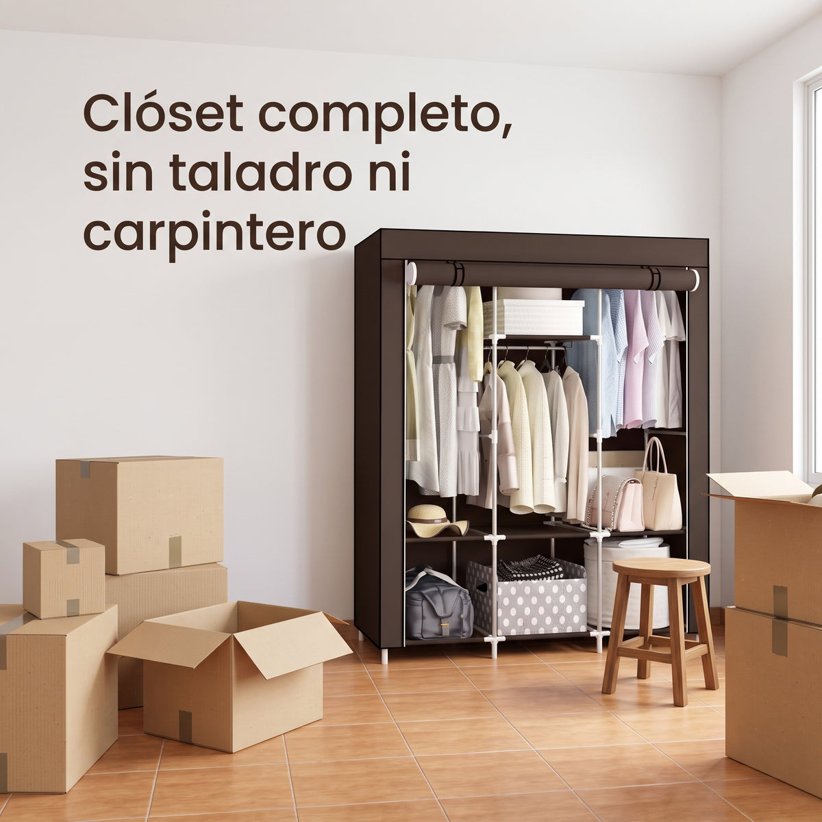 Armario de tela 3 puestos armado en un cuarto con cajas de trasteo, sin taladro ni carpintero