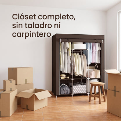 Armario de tela 3 puestos armado en un cuarto con cajas de trasteo, sin taladro ni carpintero