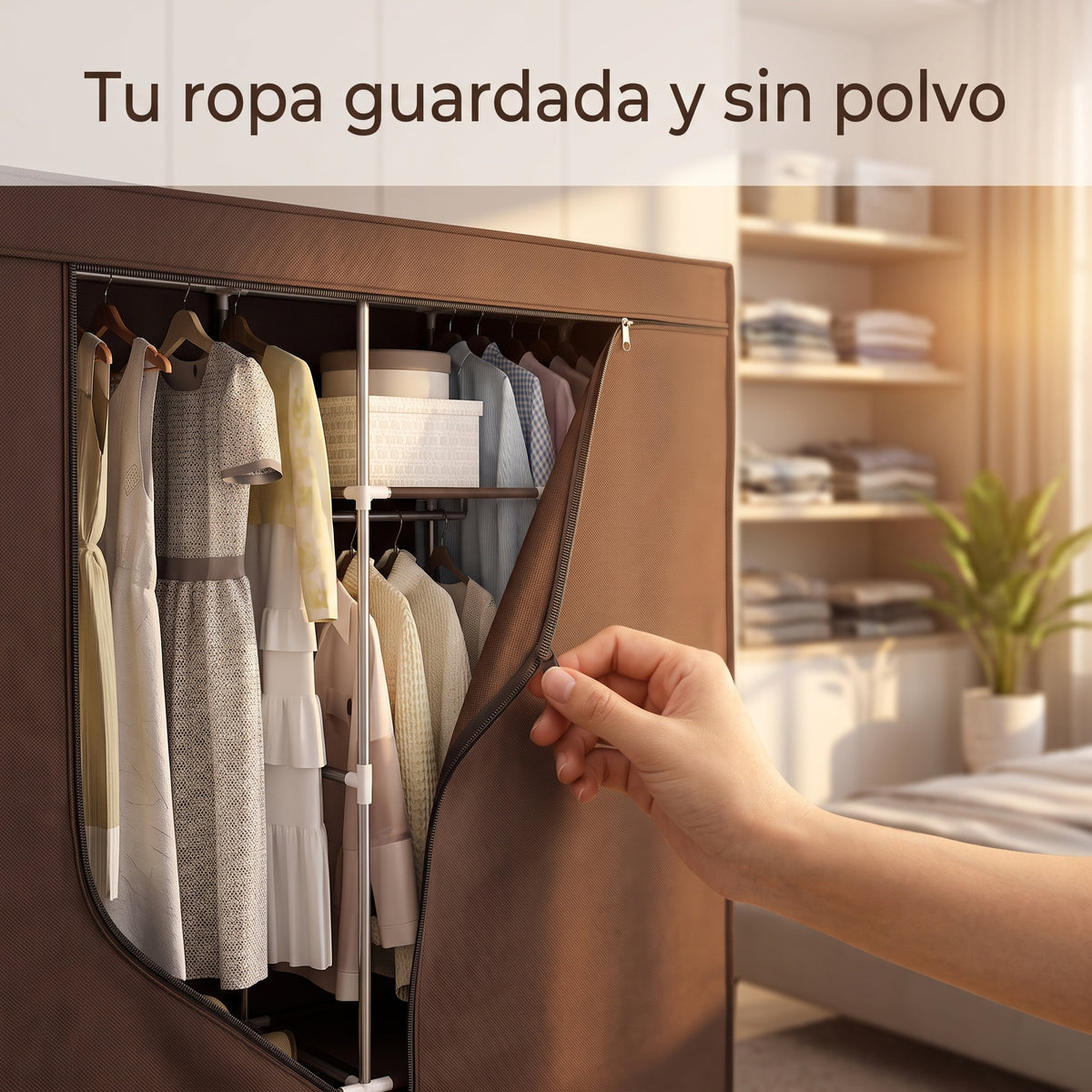 Mano cerrando la cremallera de la cubierta antipolvo del armario de tela con ropa colgada