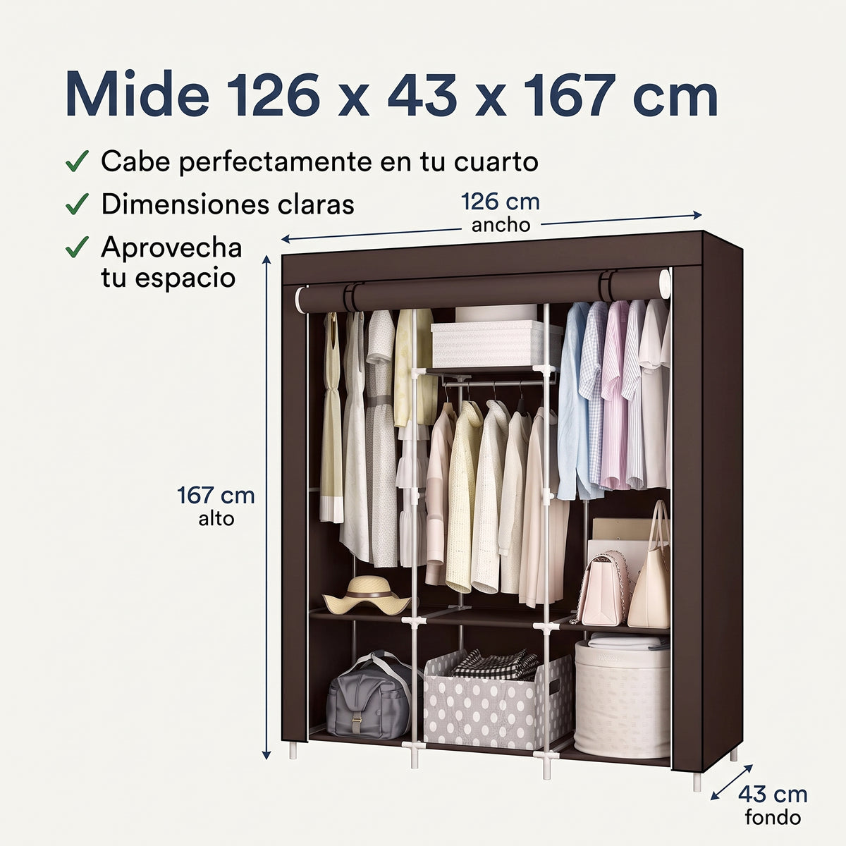 Medidas del armario de tela 3 puestos: 126 cm de ancho, 43 cm de fondo y 167 cm de alto